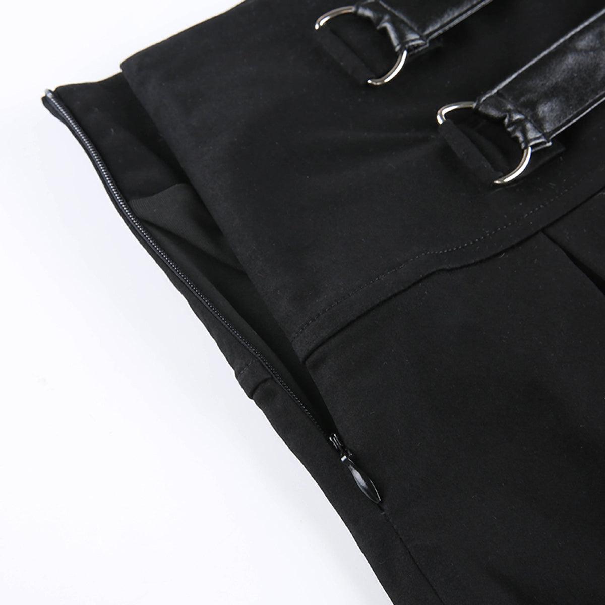 Double Belt Pleated Black Skirt - Aesthetic Clothes Shop Double Belt Pleated Black Skirt - Aesthetic Clothes Shop