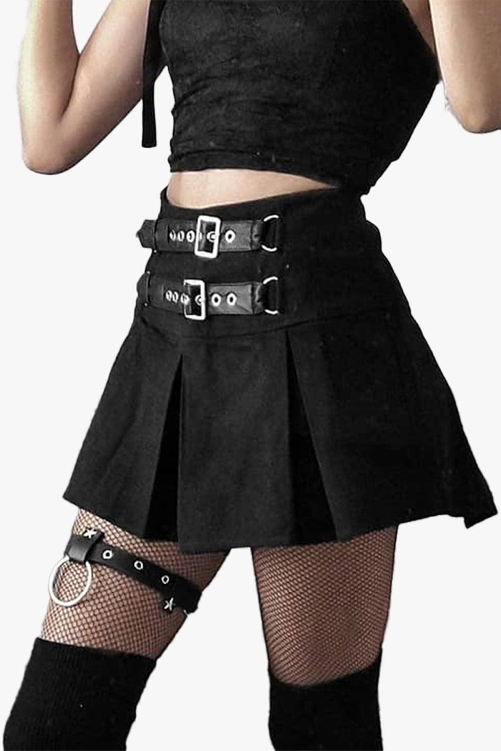 Double Belt Pleated Black Skirt - Aesthetic Clothes Shop Double Belt Pleated Black Skirt - Aesthetic Clothes Shop
