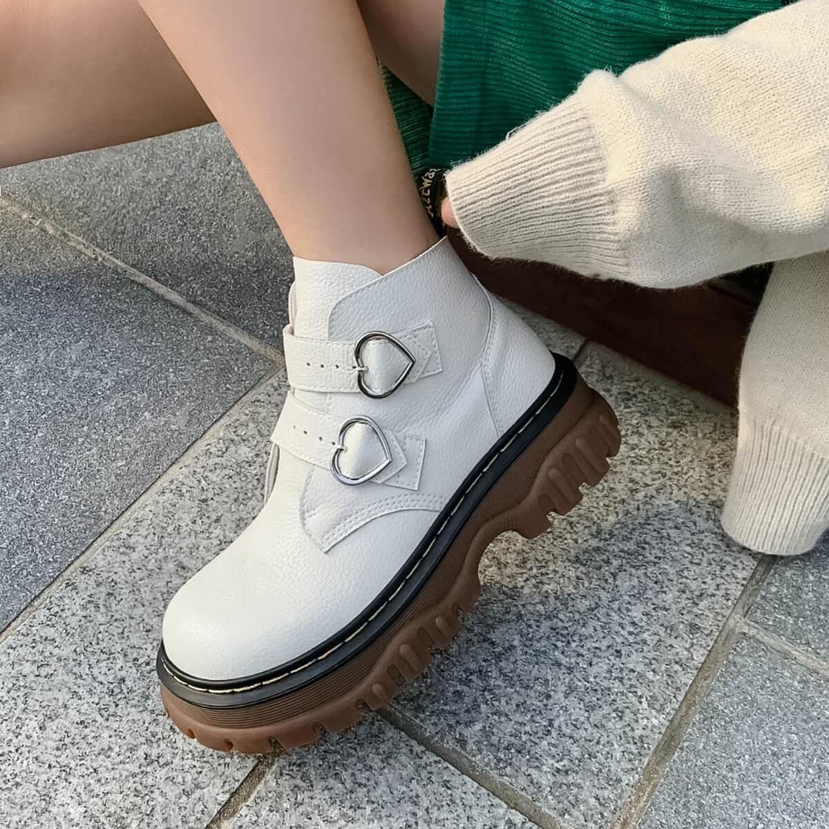 Double Heart Buckle Aesthetic Platform Boots - Aesthetic Clothes Shop Double Heart Buckle Aesthetic Platform Boots - Aesthetic Clothes Shop