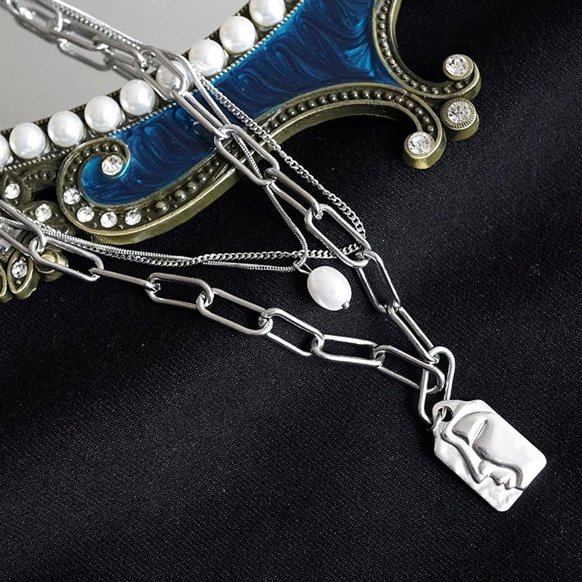 Face Tag Three Layer Chain Necklace - Aesthetic Clothes Shop Face Tag Three Layer Chain Necklace - Aesthetic Clothes Shop