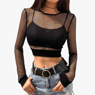 Fishnet Long Sleeve Crop Top Plus Size