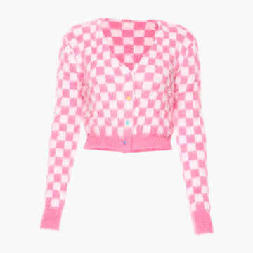 Fuzzy Pink Checkered Cropped Cardigan