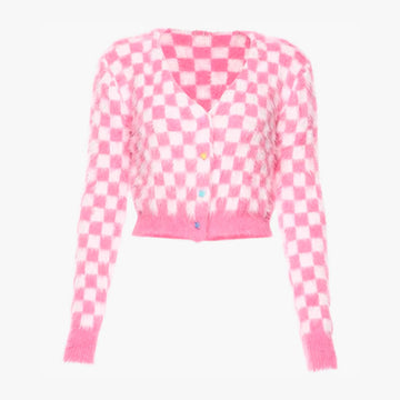 Fuzzy Pink Checkered Cropped Cardigan Fuzzy Pink Checkered Cropped Cardigan