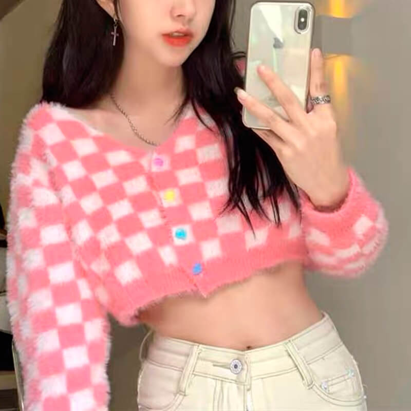 Fuzzy Pink Checkered Cropped Cardigan Fuzzy Pink Checkered Cropped Cardigan
