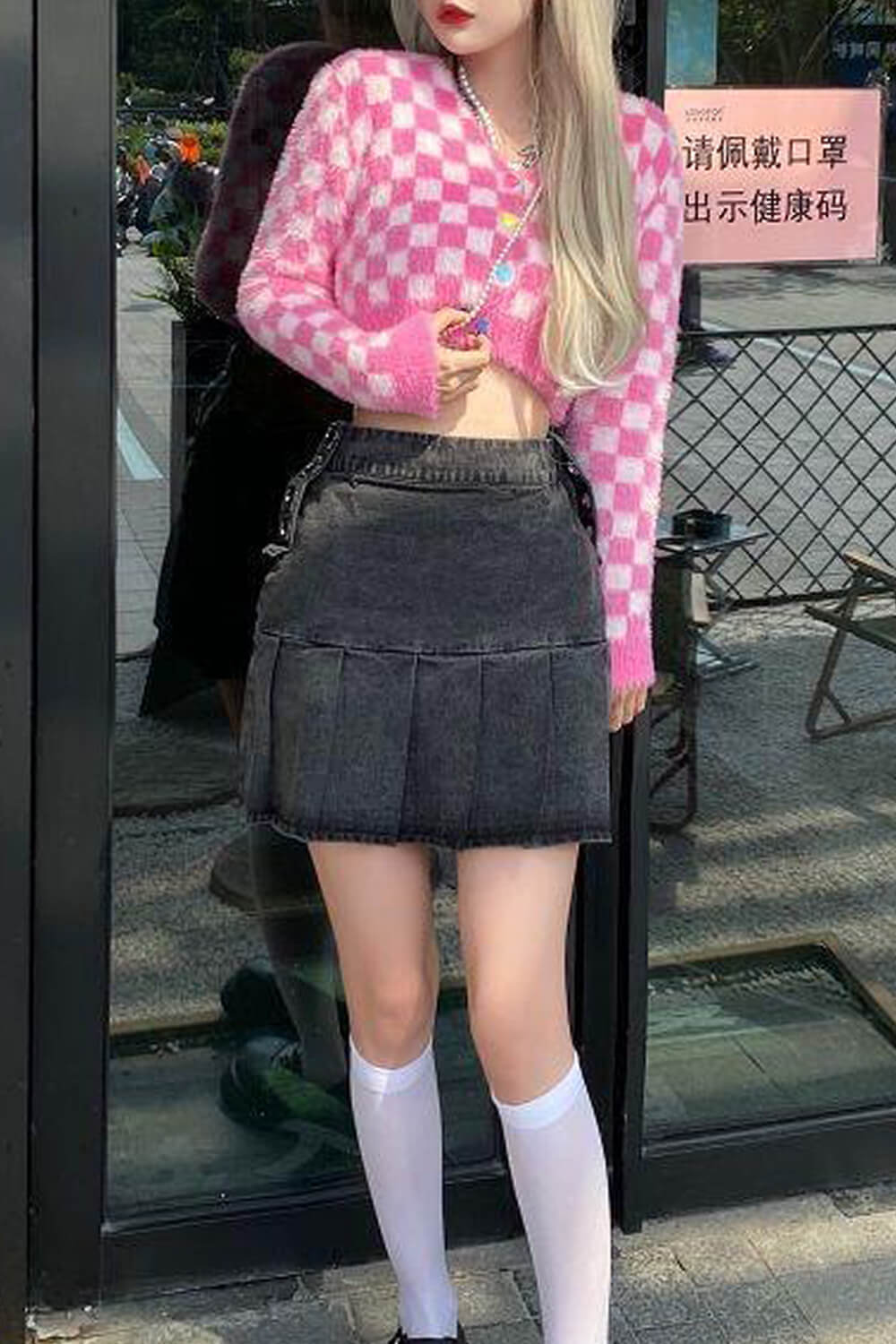 Fuzzy Pink Checkered Cropped Cardigan Fuzzy Pink Checkered Cropped Cardigan