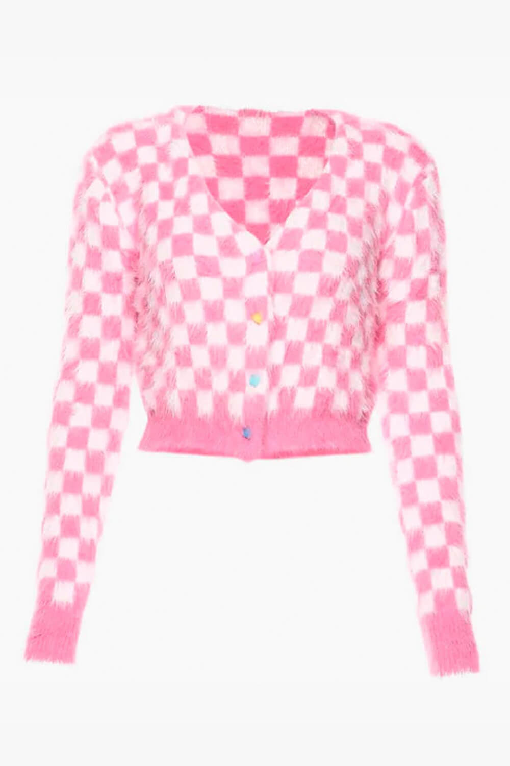 Fuzzy Pink Checkered Cropped Cardigan Fuzzy Pink Checkered Cropped Cardigan