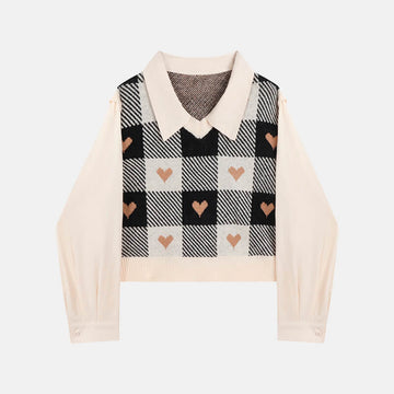 Heart Grid Beige Polo Cropped Sweater