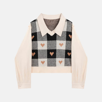 Heart Grid Beige Polo Cropped Sweater Heart Grid Beige Polo Cropped Sweater