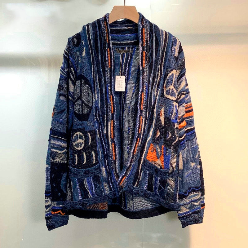 Hippie Aesthetic Coogi Cardigan Dark Blue Peace Sign Hippie Aesthetic Coogi Cardigan Dark Blue Peace Sign