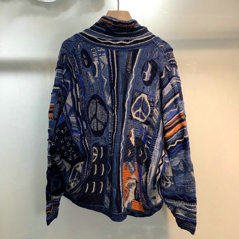 Hippie Aesthetic Coogi Cardigan Dark Blue Peace Sign Hippie Aesthetic Coogi Cardigan Dark Blue Peace Sign