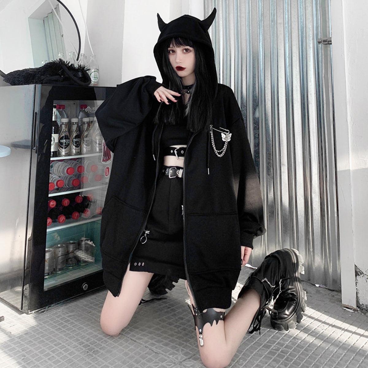 Hood Horns Black Devil Hoodie - Aesthetic Clothes Shop Hood Horns Black Devil Hoodie - Aesthetic Clothes Shop