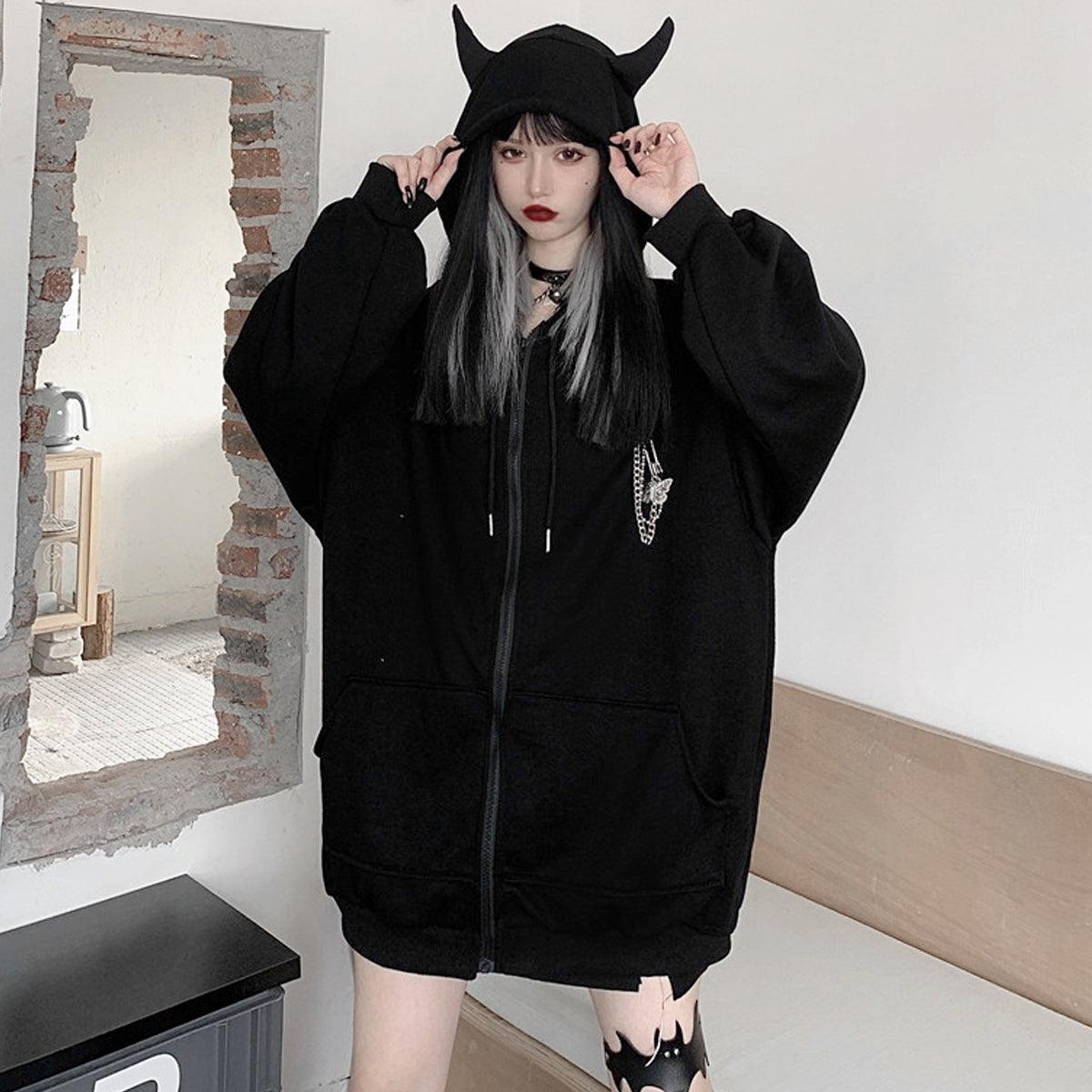 Hood Horns Black Devil Hoodie - Aesthetic Clothes Shop Hood Horns Black Devil Hoodie - Aesthetic Clothes Shop