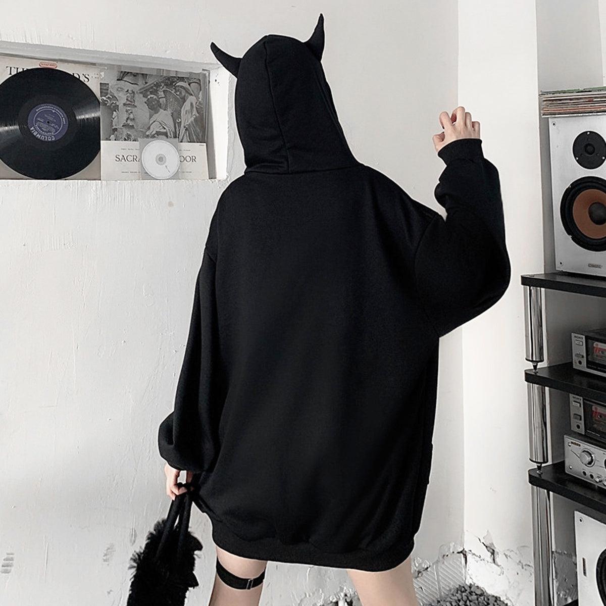 Hood Horns Black Devil Hoodie - Aesthetic Clothes Shop Hood Horns Black Devil Hoodie - Aesthetic Clothes Shop