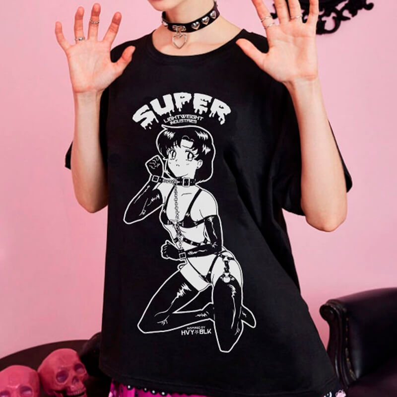 HVY BLK Sailor Mercury Horny Cat T-Shirt Hot Animecore HVY BLK Sailor Mercury Horny Cat T-Shirt Hot Animecore