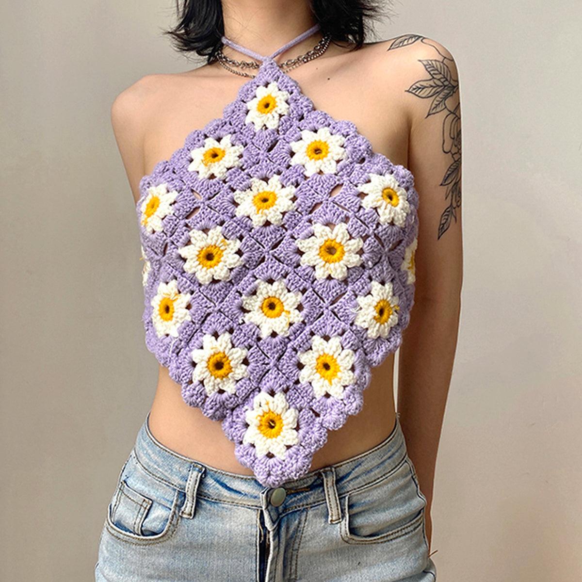 Indie Daisy Knit Halter Neck Crop Top - Aesthetic Clothes Shop Indie Daisy Knit Halter Neck Crop Top - Aesthetic Clothes Shop