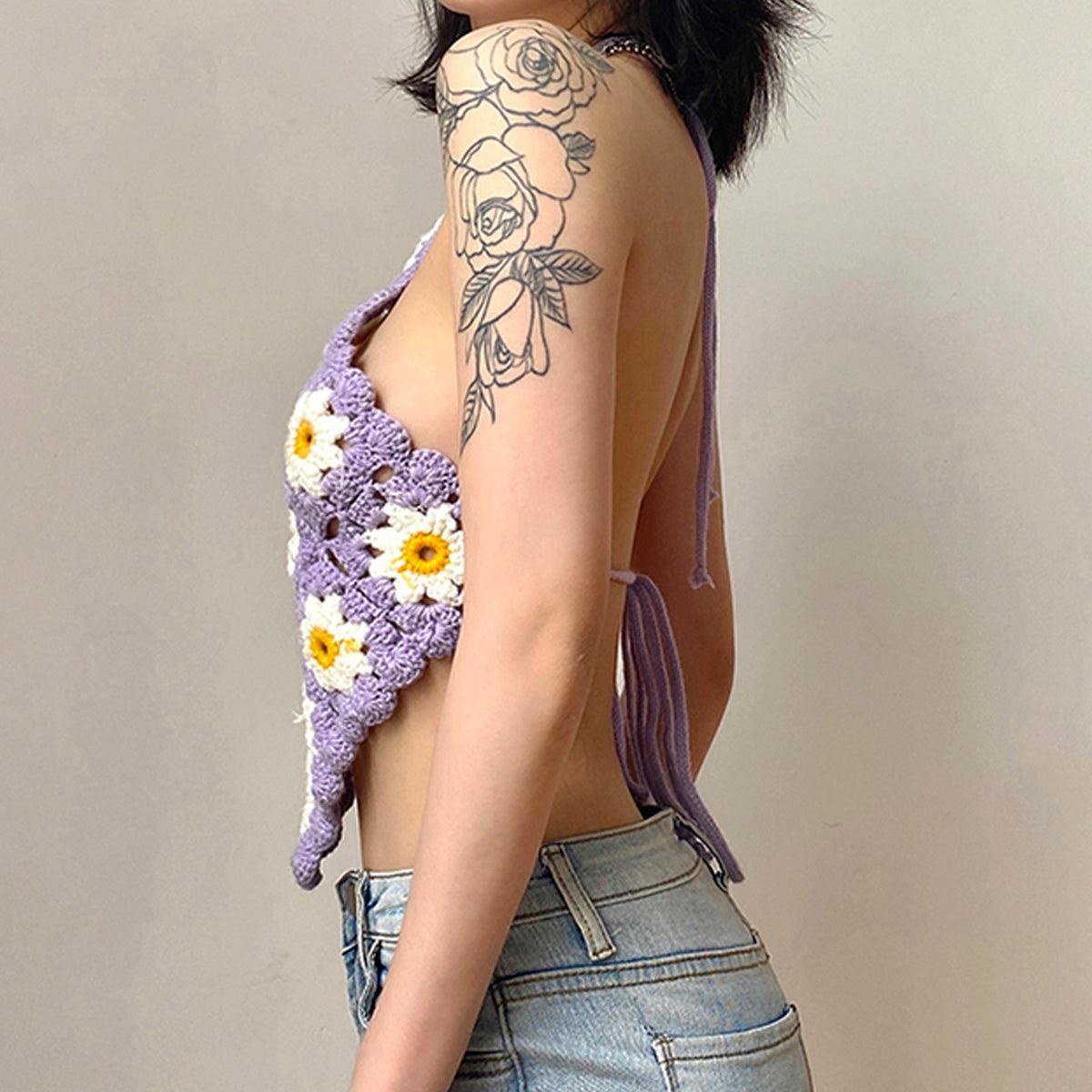Indie Daisy Knit Halter Neck Crop Top - Aesthetic Clothes Shop Indie Daisy Knit Halter Neck Crop Top - Aesthetic Clothes Shop