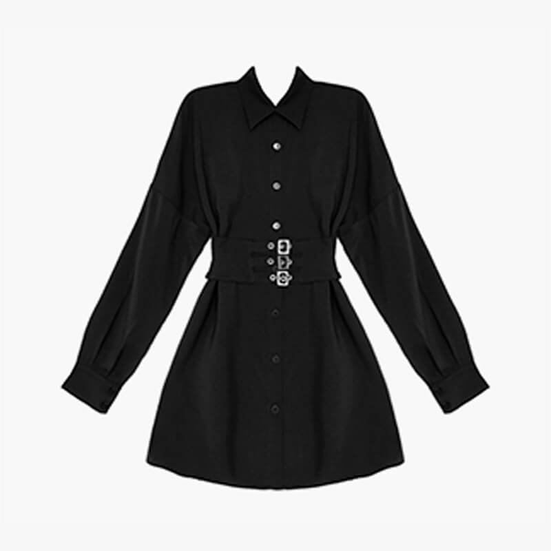 Korean Aesthetic Black Dress With Wide Waist Corset Belt Korean Aesthetic Black Dress With Wide Waist Corset Belt