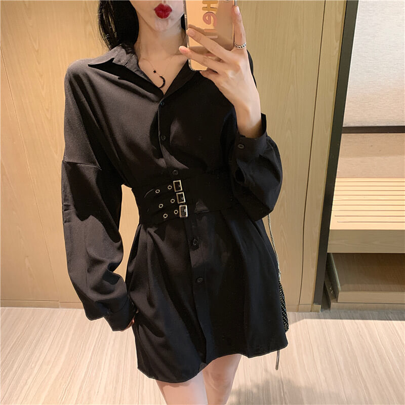 Korean Aesthetic Black Dress With Wide Waist Corset Belt Korean Aesthetic Black Dress With Wide Waist Corset Belt