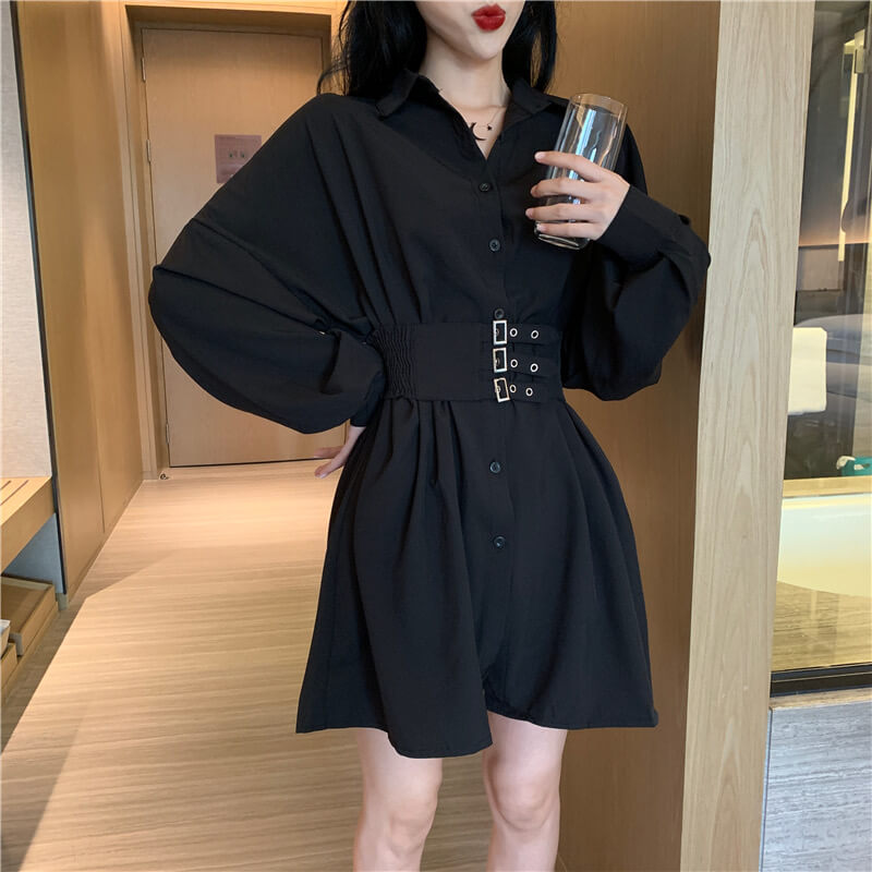 Korean Aesthetic Black Dress With Wide Waist Corset Belt Korean Aesthetic Black Dress With Wide Waist Corset Belt
