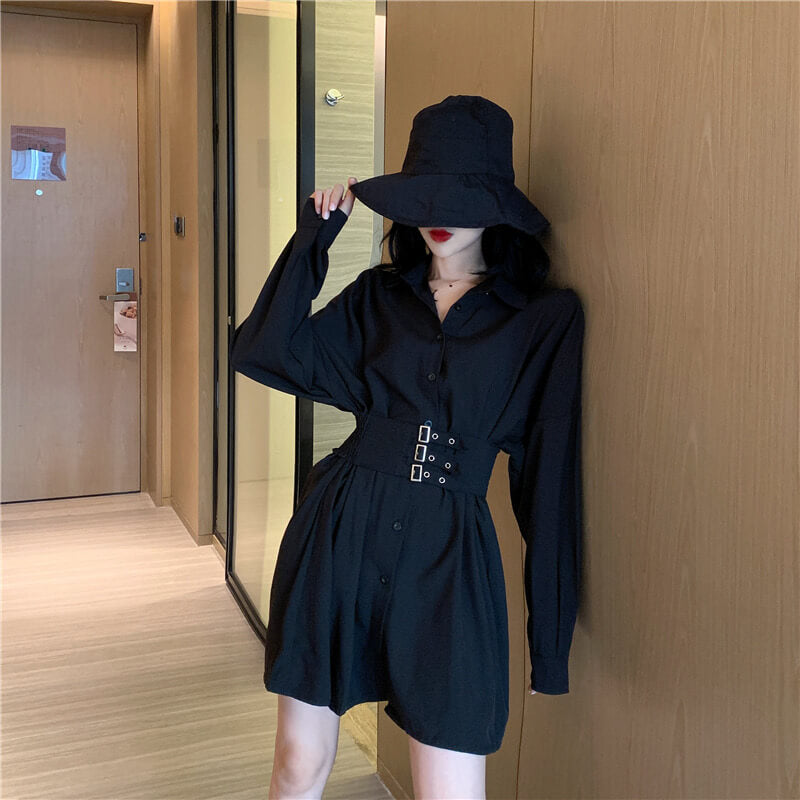 Korean Aesthetic Black Dress With Wide Waist Corset Belt Korean Aesthetic Black Dress With Wide Waist Corset Belt