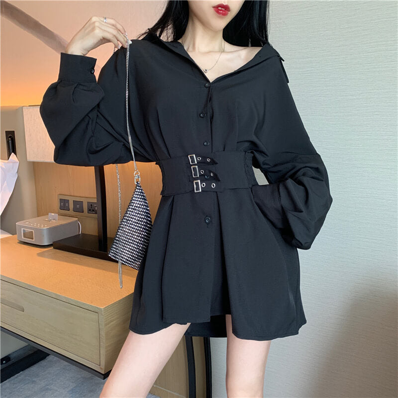 Korean Aesthetic Black Dress With Wide Waist Corset Belt Korean Aesthetic Black Dress With Wide Waist Corset Belt