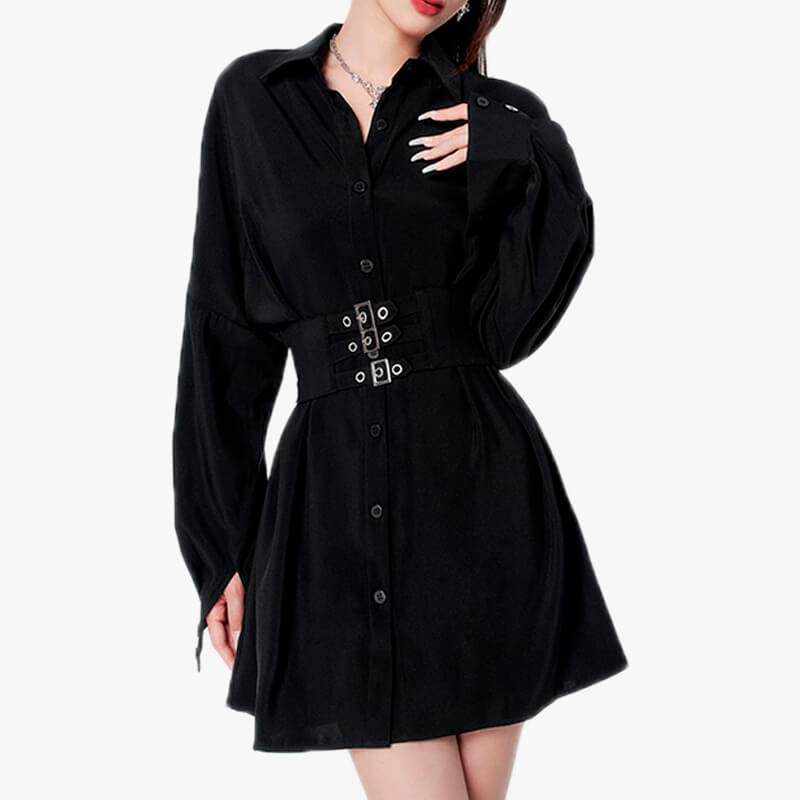 Korean Aesthetic Black Dress With Wide Waist Corset Belt Korean Aesthetic Black Dress With Wide Waist Corset Belt