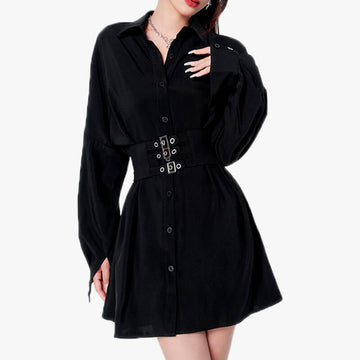 Korean Aesthetic Black Dress With Wide Waist Corset Belt Korean Aesthetic Black Dress With Wide Waist Corset Belt
