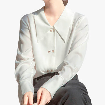 Light Academia White Satin Blouse Big Pointy Collar