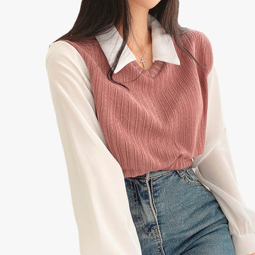 Light Academia White Shirt With Retro Knitted Vest Light Academia White Shirt With Retro Knitted Vest