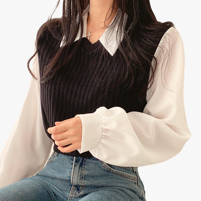 Light Academia White Shirt With Retro Knitted Vest Light Academia White Shirt With Retro Knitted Vest