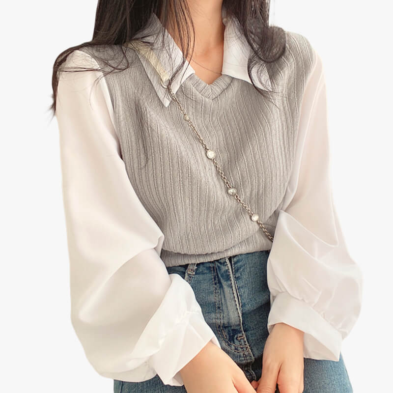 Light Academia White Shirt With Retro Knitted Vest Light Academia White Shirt With Retro Knitted Vest
