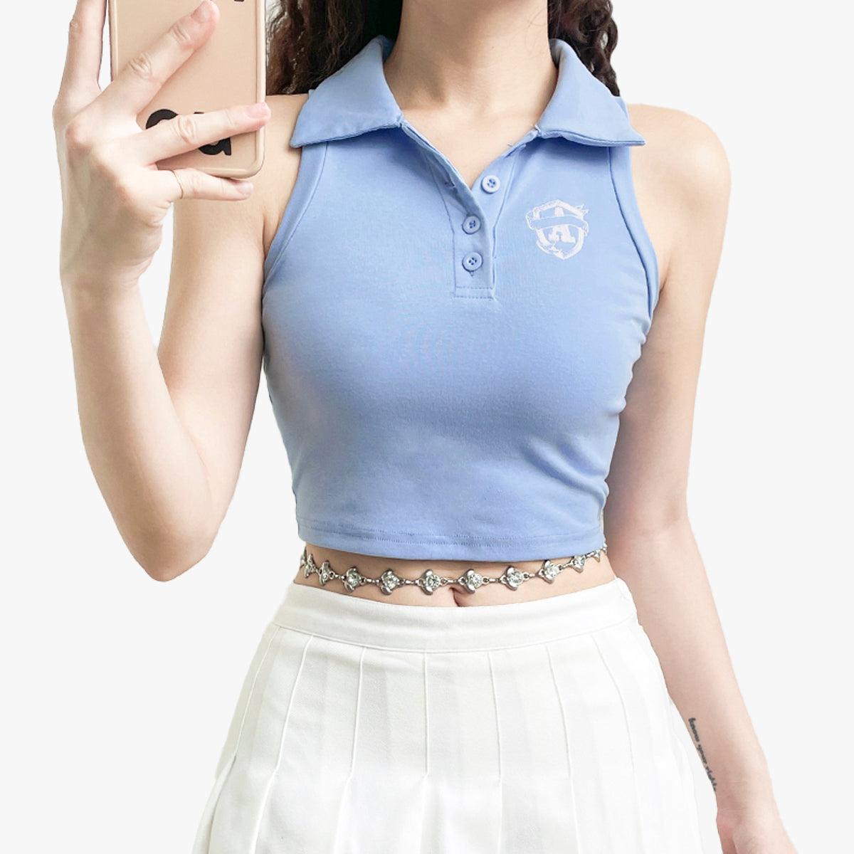 Light Blue Crop Top A Letter Embroidery - Aesthetic Clothes Shop