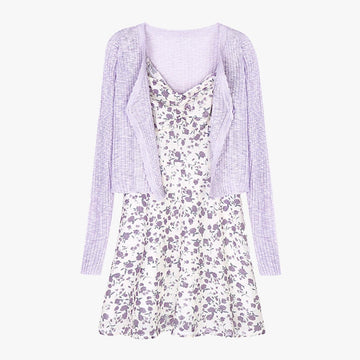 Lilly Purple Floral Soft Girl Dress and Cardigan