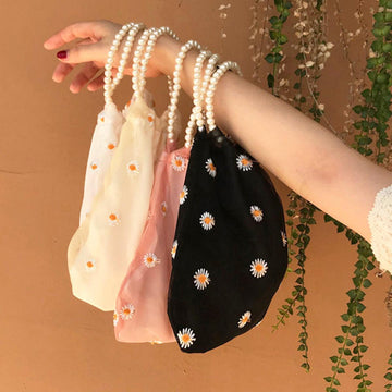 Mesh Daisy Pattern Bag Pearl Handle - Aesthetic Clothes Shop Mesh Daisy Pattern Bag Pearl Handle - Aesthetic Clothes Shop