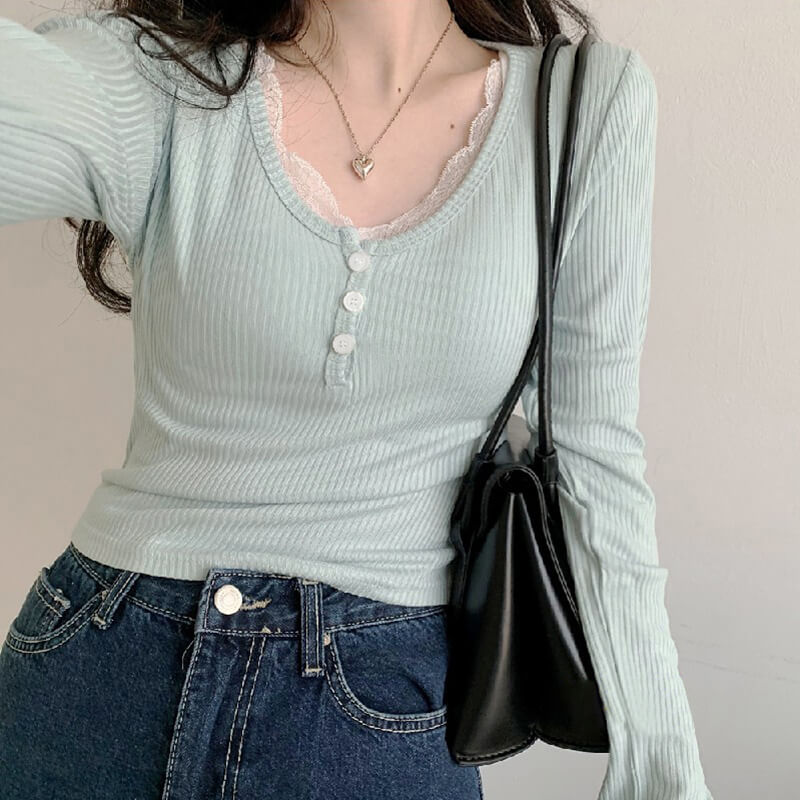 Pastel Blue Aesthetic Lace Edge Long Sleeve Top