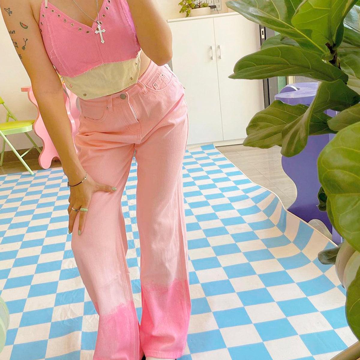 Pastel Pink Gradient High Waist Jeans - Aesthetic Clothes Shop