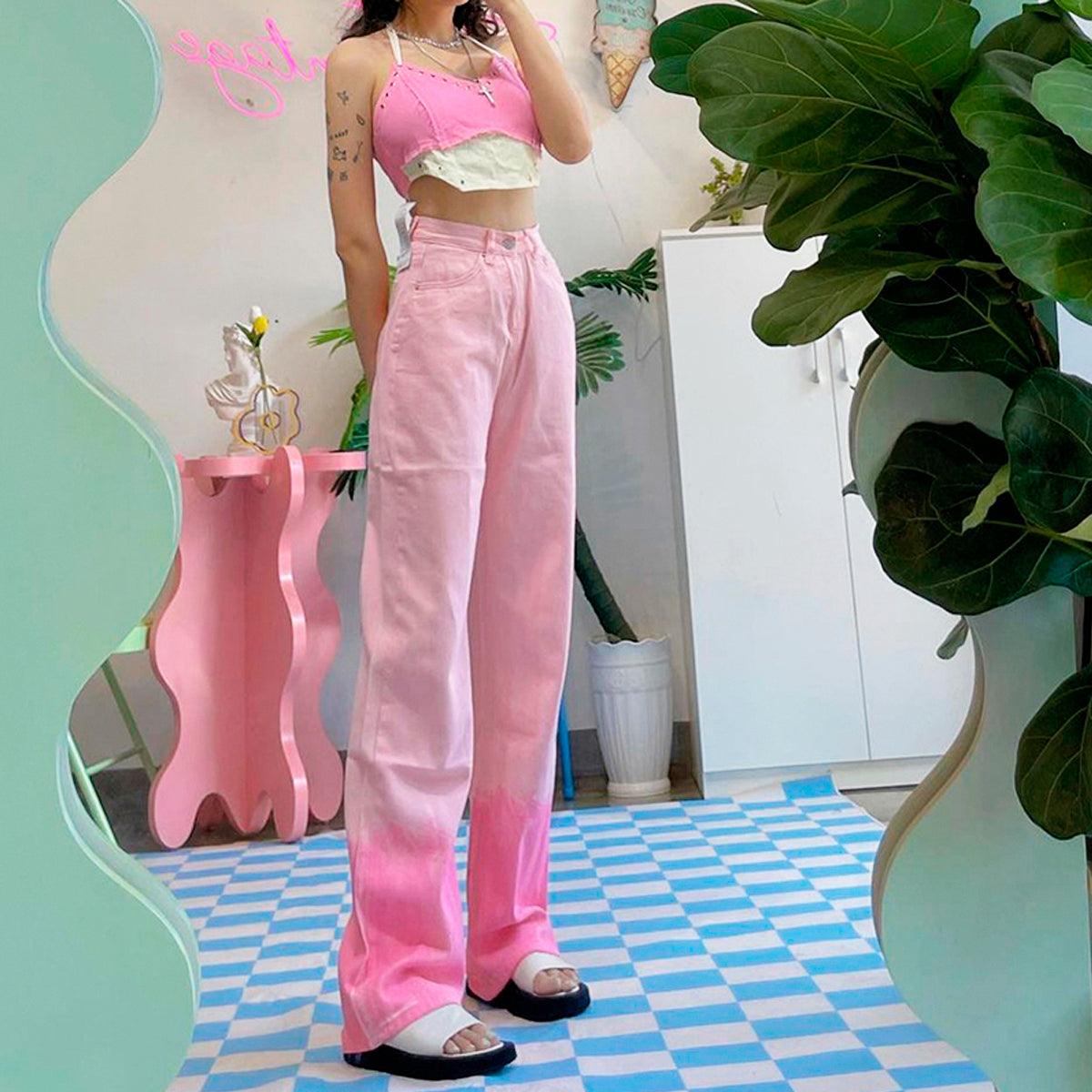 Pastel Pink Gradient High Waist Jeans - Aesthetic Clothes Shop