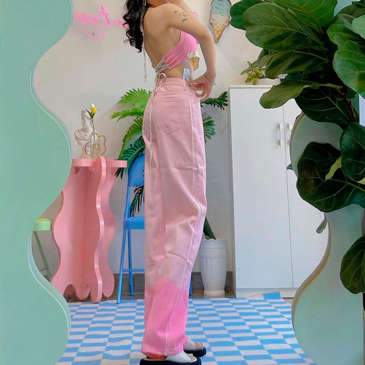 Pastel Pink Gradient High Waist Jeans - Aesthetic Clothes Shop Pastel Pink Gradient High Waist Jeans - Aesthetic Clothes Shop