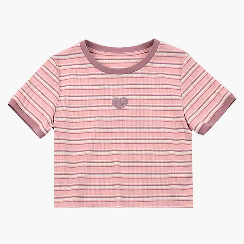 Pastel Pink Striped Crop Top With Heart Pastel Pink Striped Crop Top With Heart