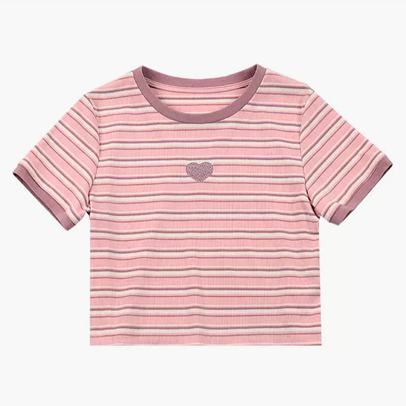 Pastel Pink Striped Crop Top With Heart