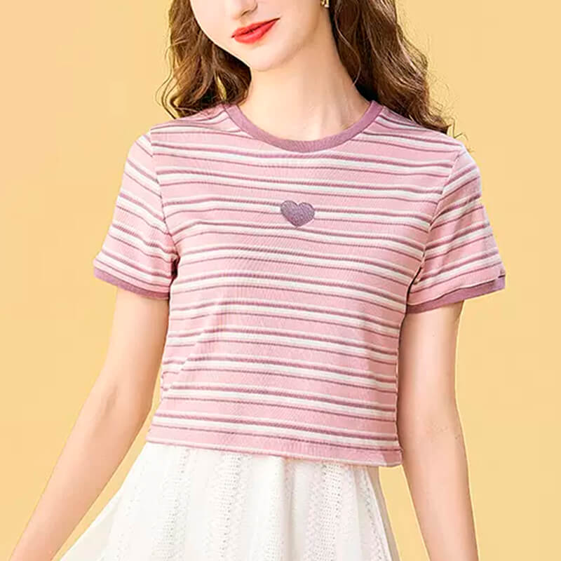 Pastel Pink Striped Crop Top With Heart Pastel Pink Striped Crop Top With Heart