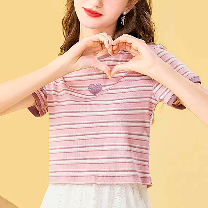 Pastel Pink Striped Crop Top With Heart Pastel Pink Striped Crop Top With Heart