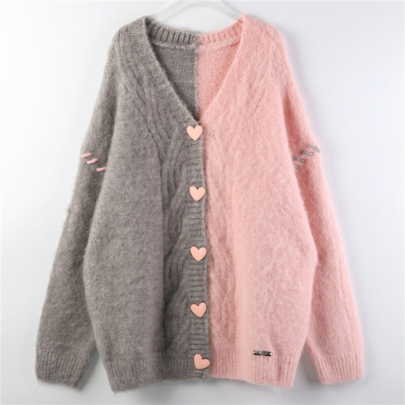 Pink and Gray Split Color Cardigan Heart Buttons Pink and Gray Split Color Cardigan Heart Buttons
