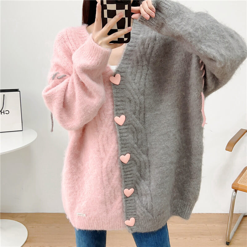 Pink and Gray Split Color Cardigan Heart Buttons Pink and Gray Split Color Cardigan Heart Buttons