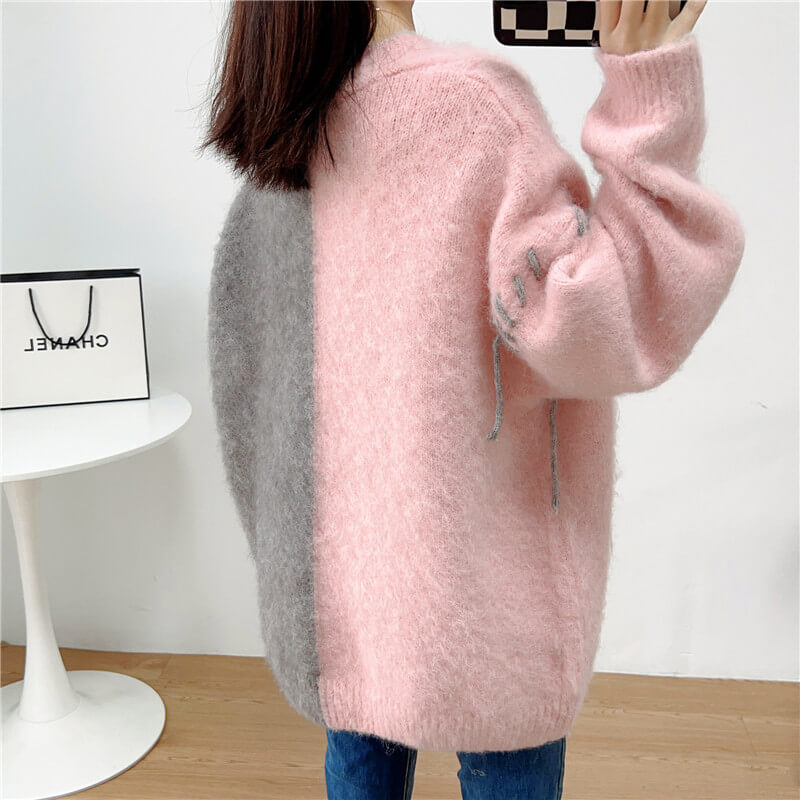 Pink and Gray Split Color Cardigan Heart Buttons Pink and Gray Split Color Cardigan Heart Buttons