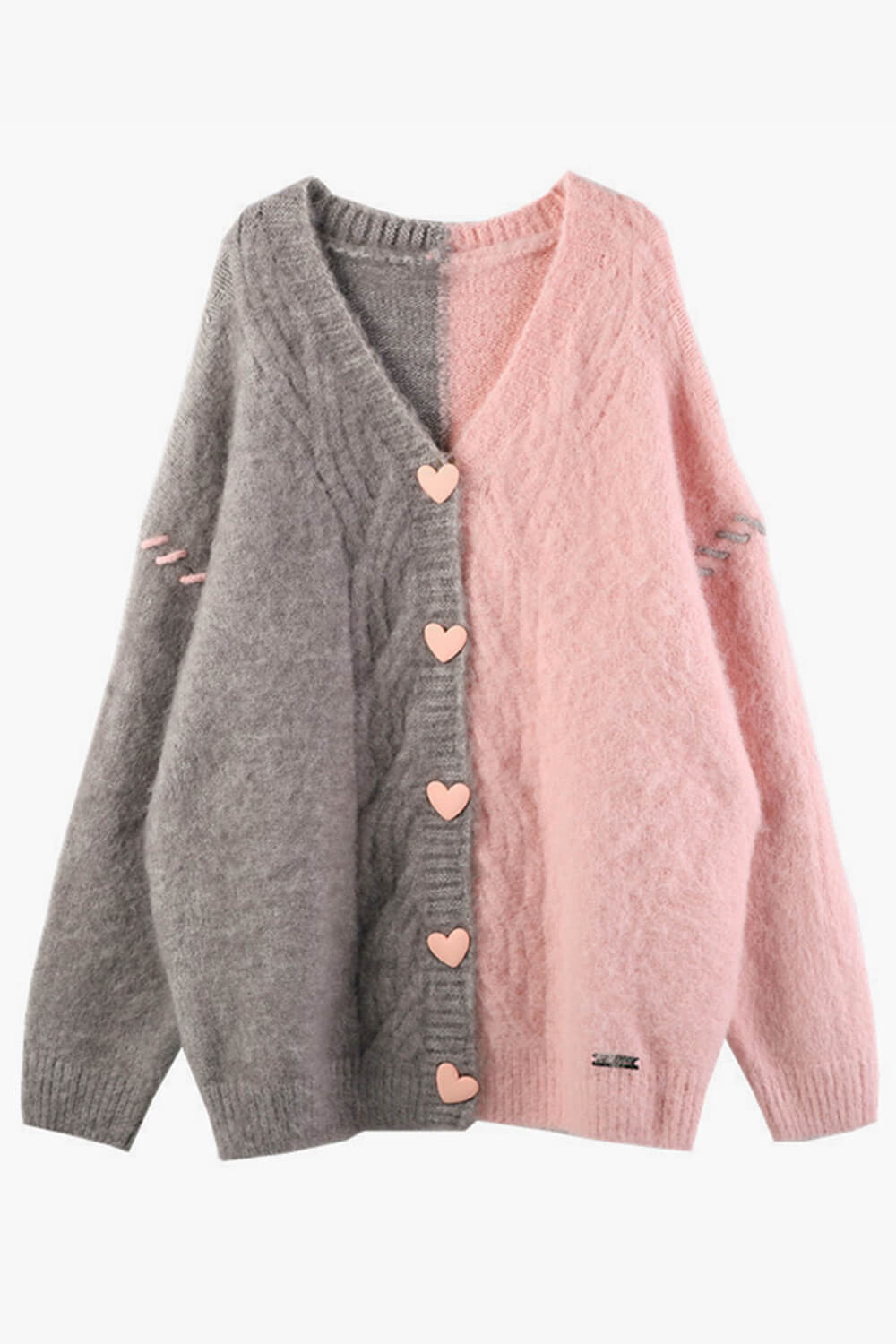Pink and Gray Split Color Cardigan Heart Buttons Pink and Gray Split Color Cardigan Heart Buttons