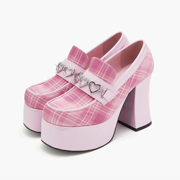 Pink Plaid Goddess Platform Heel Shoes - Aesthetic Clothes Shop Pink Plaid Goddess Platform Heel Shoes - Aesthetic Clothes Shop