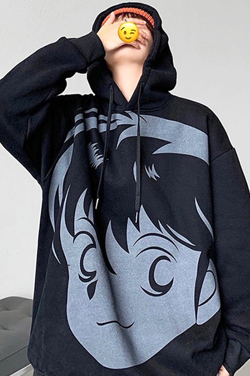 Retro Anime Face Oversized Hoodie - Aesthetic Clothes Shop