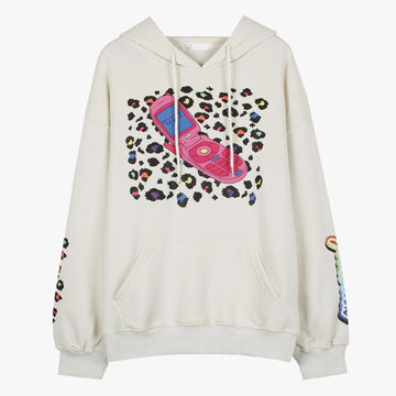 Retro Phone Leopard Beige Hoodie - Aesthetic Clothes Shop Retro Phone Leopard Beige Hoodie - Aesthetic Clothes Shop