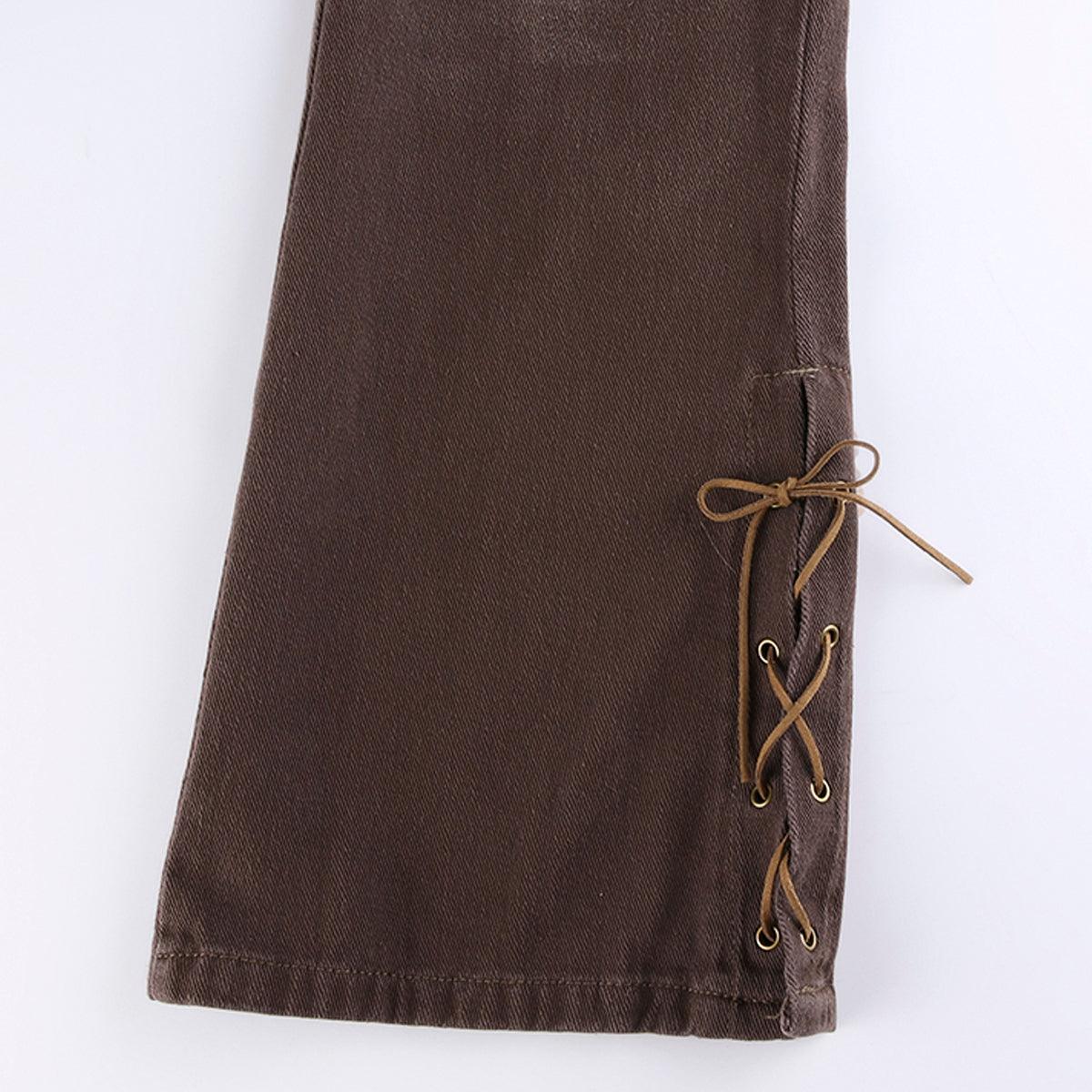 Retro Washed Brown Low Waist Jeans - Aesthetic Clothes Shop